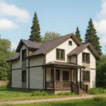 Проект дома «Е-186» из СИП-панелей, 186 м² — двухэтажный дом с бежевым фасадом, коричневой крышей и крыльцом | HotWell.KZ