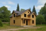 Дом «Е-186», 186 м², 1.5 этажа, в черновой отделке: коробка из СИП-панелей OSB-3, двускатная кровля из металлочерепицы, проёмы без окон и дверей, в проёмах видны сосновые балки перекрытия
