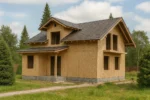 Дом «Е-194», 194 м², 1.5 этажа, в черновой отделке: коробка из СИП-панелей OSB-3, двускатная кровля из металлочерепицы, проёмы без окон и дверей, в проёмах видны сосновые балки перекрытия