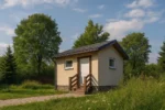 Проект дома «Е-20» из СИП-панелей, 20 м² — одноэтажный дом с бежевым фасадом, серой крышей и крыльцом | HotWell.KZ