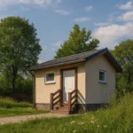 Проект дома «Е-20» из СИП-панелей, 20 м² — одноэтажный дом с бежевым фасадом, серой крышей и крыльцом | HotWell.KZ