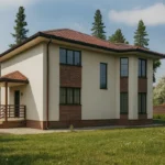 Проект дома «Ё-230» из СИП-панелей, 230 м² — двухэтажный дом с бежевым фасадом, коричневой крышей и крыльцом | HotWell.KZ