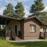Проект дома «Е-67» из СИП-панелей, 67 м² — одноэтажный дом с коричневым фасадом, темной крышей и крытой террасой | HotWell.KZ