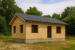 Дом «Е-70», 70 м², 1 этаж, в черновой отделке: коробка из СИП-панелей OSB-3, двускатная кровля из металлочерепицы, проёмы без окон и дверей