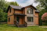 Проект дома «Ф-130» из СИП-панелей, 130 м² — двухэтажный дом с кирпичным фасадом, серой крышей и крыльцом | HotWell.KZ