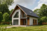 Проект дома «Ф-152» из СИП-панелей, 152 м² — двухэтажный дом с белым фасадом, черной крышей и балконом | HotWell.KZ