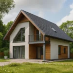Проект дома «Ф-152» из СИП-панелей, 152 м² — двухэтажный дом с белым фасадом, черной крышей и балконом | HotWell.KZ