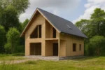 Дом «Ф-152», 152 м², 1.5 этажа, в черновой отделке: коробка из СИП-панелей OSB-3, двускатная кровля из металлочерепицы, проёмы без окон и дверей, в проёмах видны сосновые балки перекрытия