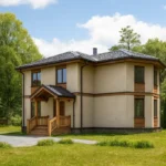Проект дома «Ф-159» из СИП-панелей, 159 м² — двухэтажный дом с бежевым фасадом, серой крышей и крытым крыльцом | HotWell.KZ
