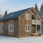 Проект дома «Ф-180» из СИП-панелей, 180 м² — двухэтажный дом с кирпичным фасадом, синей крышей и балконом | HotWell.KZ