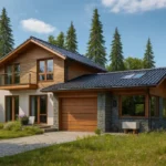 Проект дома «Ф-204» из СИП-панелей, 204 м² — двухэтажный дом с деревянным фасадом, черной крышей и балконом | HotWell.KZ