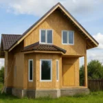 Проект дома «Ф-206» из СИП-панелей, 206 м² — двухэтажный дом с деревянным фасадом, коричневой крышей и крыльцом | HotWell.KZ