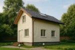 Проект дома «Ф-60» из СИП-панелей, 60 м² — двухэтажный дом с бежевым фасадом и черной крышей | HotWell.KZ