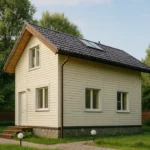 Проект дома «Ф-60» из СИП-панелей, 60 м² — двухэтажный дом с бежевым фасадом и черной крышей | HotWell.KZ