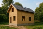Дом «Ф-60», 60 м², 1,5 этажа, в черновой отделке: коробка из СИП-панелей OSB-3, двускатная кровля из металлочерепицы, проёмы без окон и дверей, в проёмах видны сосновые балки перекрытия