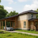 Проект дома «Ф-88» из СИП-панелей, 88 м² — двухэтажный дом с комбинированным фасадом, черной крышей и навесом | HotWell.KZ