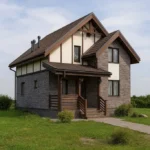 Проект дома «Г-104» из СИП-панелей, 104 м² — двухэтажный дом с серым фасадом, коричневой крышей и крыльцом | HotWell.KZ