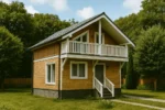 Проект дома «Г-105» из СИП-панелей, 105 м² — двухэтажный дом с деревянным фасадом, серой крышей и балконом | HotWell.KZ