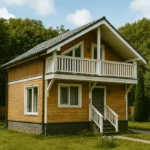 Проект дома «Г-105» из СИП-панелей, 105 м² — двухэтажный дом с деревянным фасадом, серой крышей и балконом | HotWell.KZ