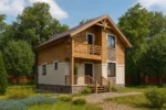 Проект дома «Г-108» из СИП-панелей, 108 м² — двухэтажный дом с деревянным фасадом, коричневой крышей и балконом | HotWell.KZ
