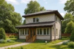 Проект дома «Г-113» из СИП-панелей, 113 м² — двухэтажный дом с бежевым фасадом, коричневой крышей и крытым крыльцом | HotWell.KZ
