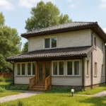 Проект дома «Г-113» из СИП-панелей, 113 м² — двухэтажный дом с бежевым фасадом, коричневой крышей и крытым крыльцом | HotWell.KZ