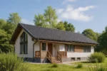 Проект дома «Г-122» из СИП-панелей, 122 м² — одноэтажный дом с белым фасадом, черной крышей и крыльцом | HotWell.KZ