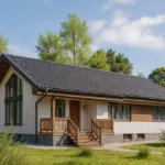 Проект дома «Г-122» из СИП-панелей, 122 м² — одноэтажный дом с белым фасадом, черной крышей и крыльцом | HotWell.KZ