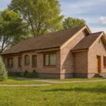Проект дома «Г-156» из СИП-панелей, 156 м² — одноэтажный дом с кирпичным фасадом и коричневой крышей | HotWell.KZ