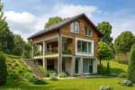 Проект дома «Г-158» из СИП-панелей, 158 м² — двухэтажный дом с деревянным фасадом, серой крышей и террасой | HotWell.KZ