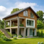 Проект дома «Г-158» из СИП-панелей, 158 м² — двухэтажный дом с деревянным фасадом, серой крышей и террасой | HotWell.KZ