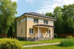 Проект дома «Г-160» из СИП-панелей, 160 м² — двухэтажный дом с жёлтым фасадом, тёмной крышей и крытым крыльцом | HotWell.KZ