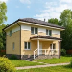 Проект дома «Г-160» из СИП-панелей, 160 м² — двухэтажный дом с жёлтым фасадом, тёмной крышей и крытым крыльцом | HotWell.KZ