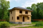 Дом «Г-160», 160 м², 2 этажа, в черновой отделке: коробка из СИП-панелей OSB-3, вальмовая кровля из металлочерепицы, проёмы без окон и дверей, в проёмах видны сосновые балки перекрытия