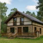 Проект дома «Г-161» из СИП-панелей, 161 м² — двухэтажный дом с каменным фасадом, серой крышей и террасой | HotWell.KZ