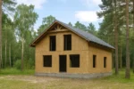 Дом «Г-161», 161 м², 1.5 этажа, в черновой отделке: коробка из СИП-панелей OSB-3, двускатная кровля из металлочерепицы, проёмы без окон и дверей, в проёмах видны сосновые балки перекрытия