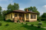 Проект дома «Г-168» из СИП-панелей, 168 м² — одноэтажный дом с жёлтым фасадом, коричневой крышей и крытой террасой | HotWell.KZ