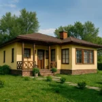 Проект дома «Г-168» из СИП-панелей, 168 м² — одноэтажный дом с жёлтым фасадом, коричневой крышей и крытой террасой | HotWell.KZ