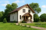 Проект дома «Г-168Б» из СИП-панелей, 168 м² — двухэтажный дом с бежевым фасадом, коричневой крышей и крытым крыльцом | HotWell.KZ