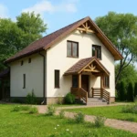 Проект дома «Г-168Б» из СИП-панелей, 168 м² — двухэтажный дом с бежевым фасадом, коричневой крышей и крытым крыльцом | HotWell.KZ