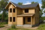 Дом «Г-170», 170 м², 2 этажа, в черновой отделке: коробка из СИП-панелей OSB-3, двускатная кровля из металлочерепицы, проёмы без окон и дверей, в проёмах видны сосновые балки перекрытия