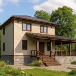 Проект дома «Г-172» из СИП-панелей, 172 м² — двухэтажный дом с бежевым фасадом, коричневой крышей и террасой | HotWell.KZ