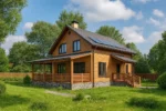 Проект дома «Г-174» из СИП-панелей, 174 м² — двухэтажный дом с деревянным фасадом, серой крышей и террасой | HotWell.KZ