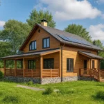 Проект дома «Г-174» из СИП-панелей, 174 м² — двухэтажный дом с деревянным фасадом, серой крышей и террасой | HotWell.KZ