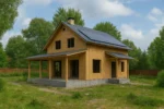 Дом «Г-174», 174 м², 1.5 этажа, в черновой отделке: коробка из СИП-панелей OSB-3, двускатная кровля из металлочерепицы, проёмы без окон и дверей, в проёмах видны сосновые балки перекрытия