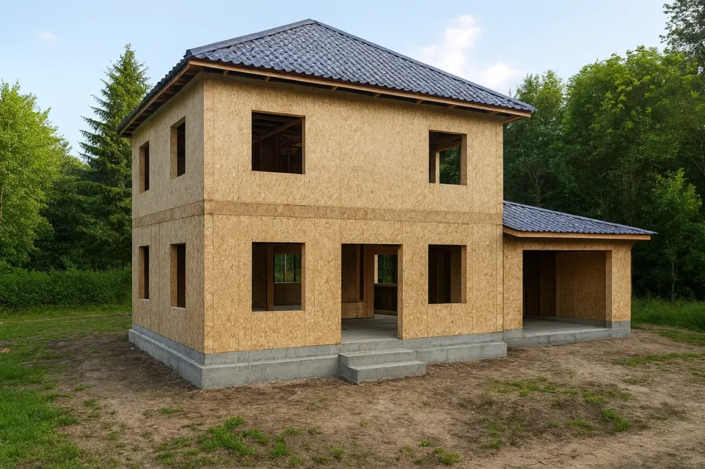 Дом «Г-175», 175 м², 2 этажа, в черновой отделке: коробка из СИП-панелей OSB-3, вальмовая кровля из металлочерепицы, проёмы без окон и дверей, в проёмах видны сосновые балки перекрытия
