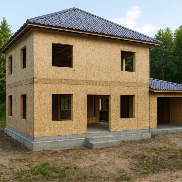 Дом «Г-175», 175 м², 2 этажа, в черновой отделке: коробка из СИП-панелей OSB-3, вальмовая кровля из металлочерепицы, проёмы без окон и дверей, в проёмах видны сосновые балки перекрытия