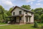 Проект дома «Г-175Б» из СИП-панелей, 175 м² — двухэтажный дом с бежевым фасадом, серой крышей и террасой | HotWell.KZ