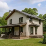 Проект дома «Г-175Б» из СИП-панелей, 175 м² — двухэтажный дом с бежевым фасадом, серой крышей и террасой | HotWell.KZ