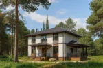 Проект дома «Г-175В» из СИП-панелей, 175 м² — двухэтажный дом с белым фасадом, тёмной крышей и террасой | HotWell.KZ